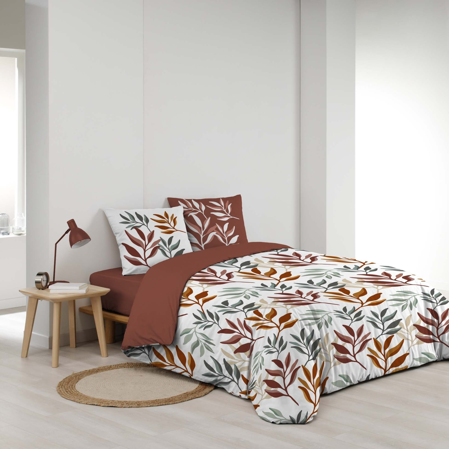 Parure de lit 3 pièces 100 % coton imprimé à motif végétal housse + taies - Rouge