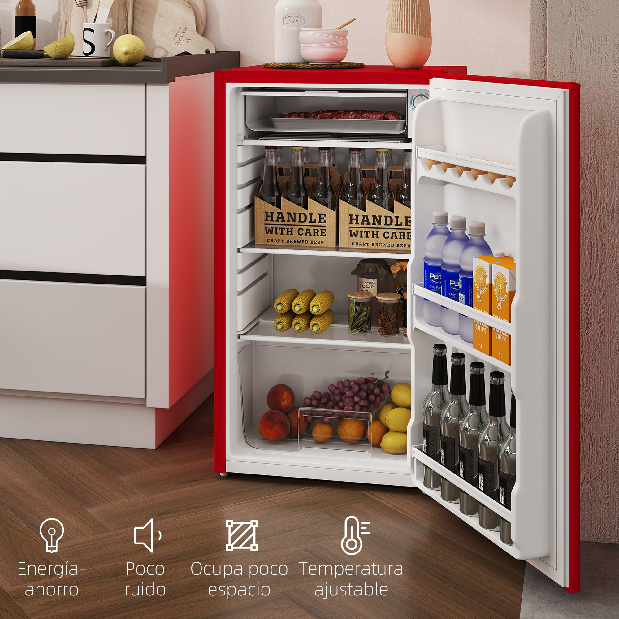 Nevera Pequeña 91 L con Congelador, Mini Frigorífico Silenciosa, Frigorífico Pequeño Bajo Encimera con Temperatura Regulable 5 Niveles, Puerta Reversible y Estantes Ajustables, Rojo