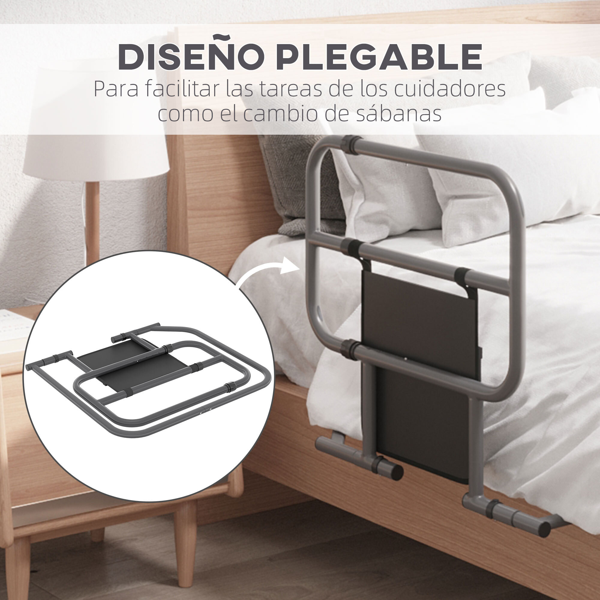 Barandilla de Cama Adulto Asidero para la Cama Plegable Barrera de Cama con Bolsillo de Almacenamiento para Discapacitados y Personas Mayores 61x66x55 cm Gris y Negro