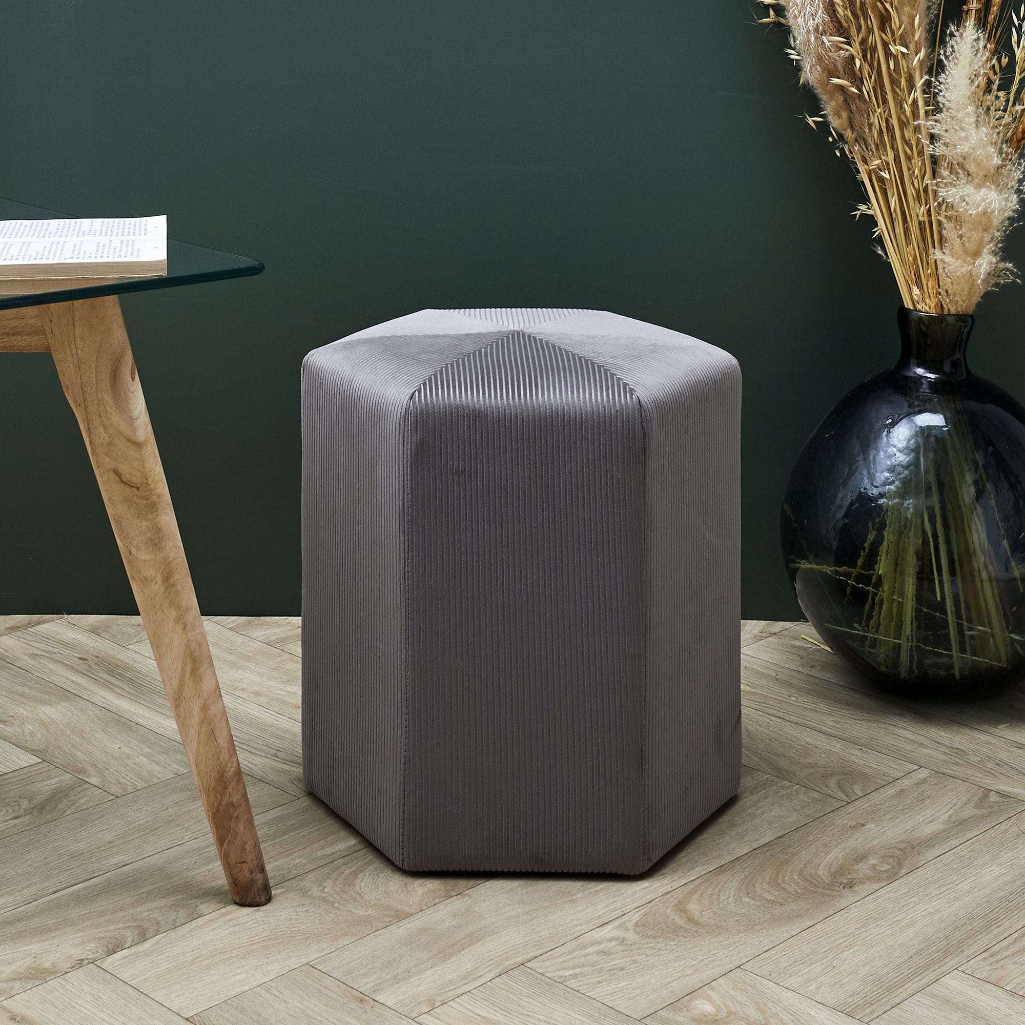 Pouf Velours Cotele 35cm Giulia Gris Fonce