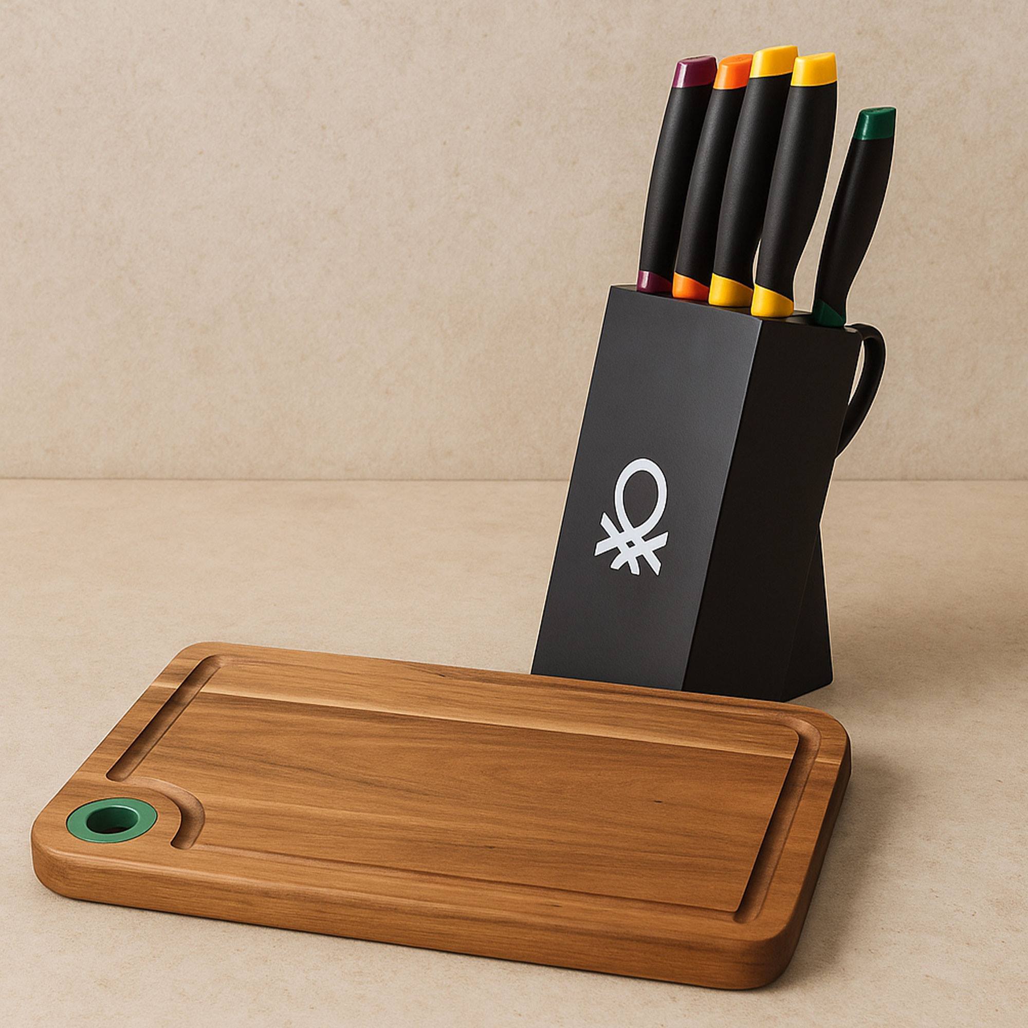 Juego de 8pc cuchillos + tacoma en acero inox + tabla de cortar 33x23x1.5cm madera de acacia casa benetton