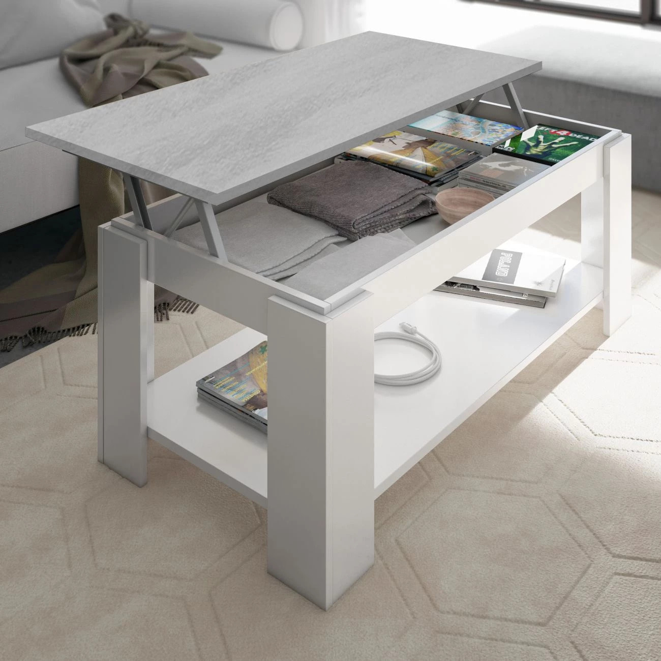 Mesa de centro elevable Ambit Blanco Artik (Blanco Mate) - Gris Cemento