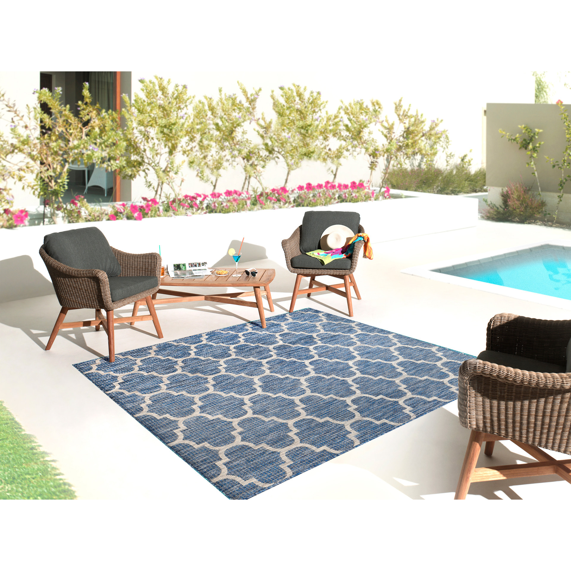 Moa- tapis d'extérieur bleu à motif gris carré