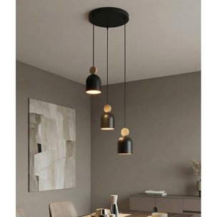 Lampada a sospensione Mesi in acciaio nero e legno naturale