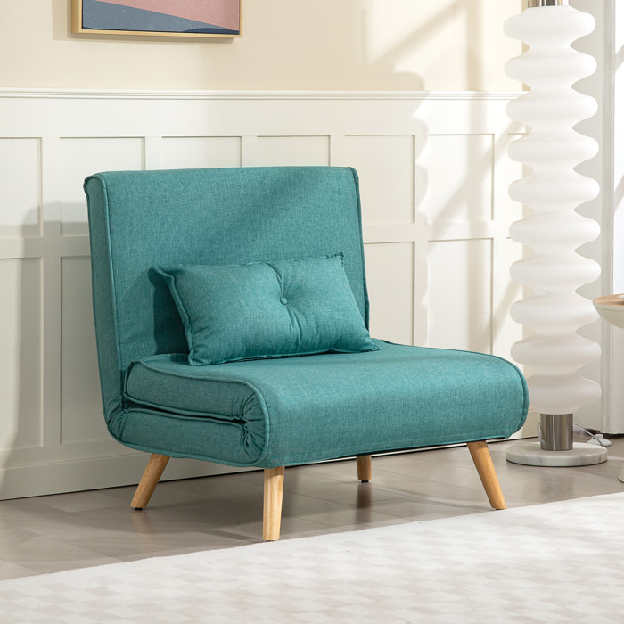 Fauteuil convertible style nordique - fauteuil lit chaise longue 3 en 1 - dossier inclinable - bois tissu turquoise