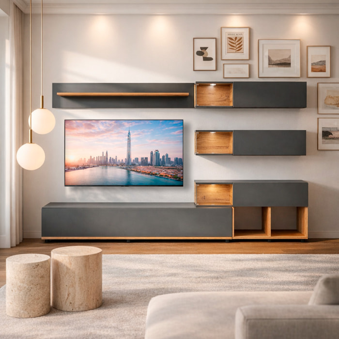 Parete Attrezzata Mobile TV Vetrine LED Pensili Mensola Soggiorno Contenitore Salvaspazio Design Moderno Multimedia 240 x 40 x 150 Cm Rovere Antracite