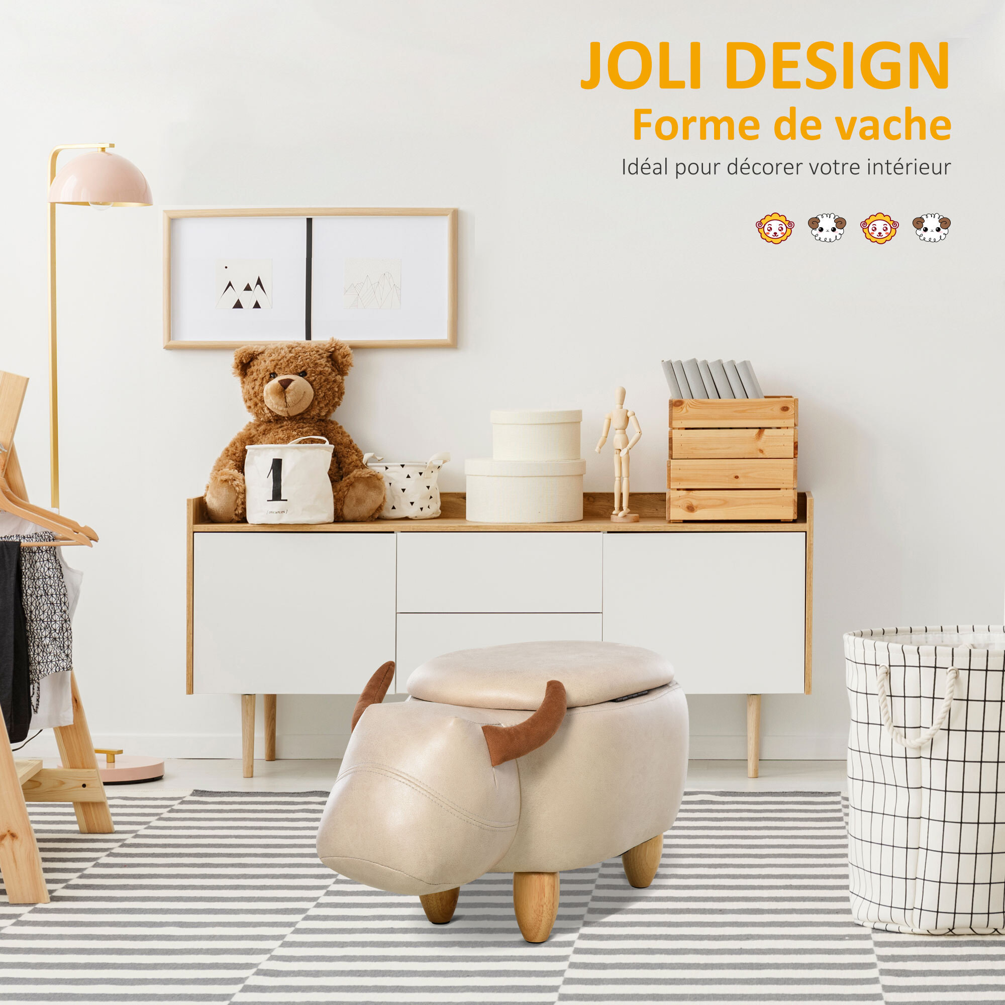 Tabouret vache - pouf vachette - pouf taureau coffre de rangement 2 en 1 - pieds bois d'hévéa revêtement synthétique crème
