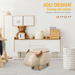 Tabouret vache - pouf vachette - pouf taureau coffre de rangement 2 en 1 - pieds bois d'hévéa revêtement synthétique crème