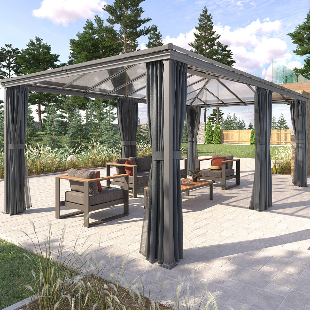 Pergola autoportante "Belize" graphite 3,6 x 6m en aluminium et polycarbonate