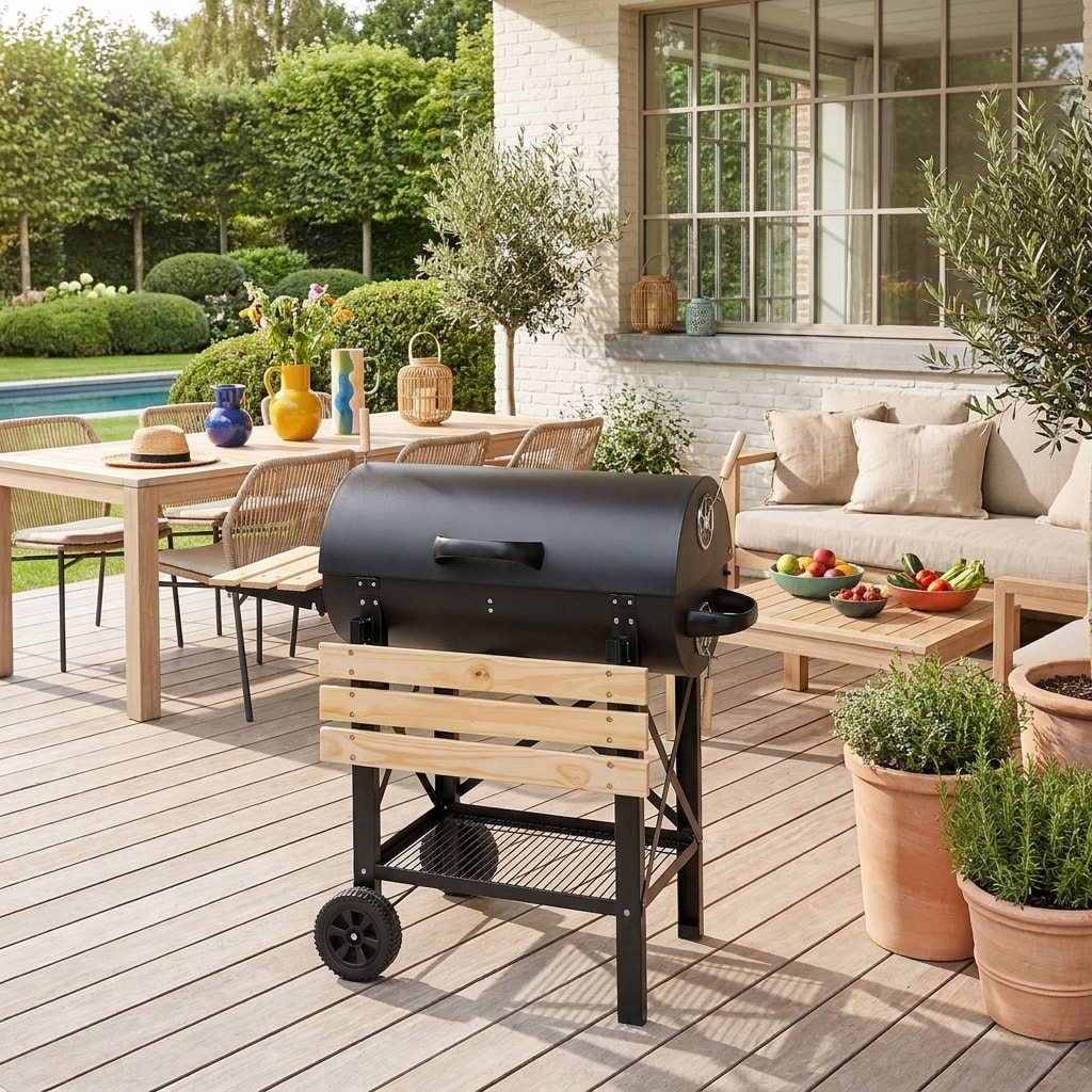 Barbecue charbon de bois, grill et fumoir américain, roues et tablettes rabattables SERGE