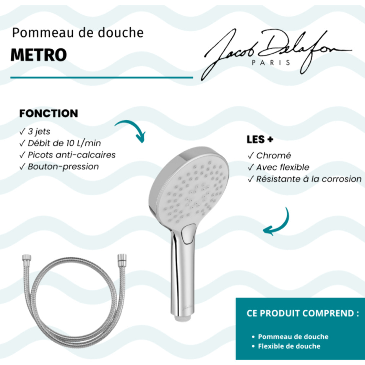 Pommeau de douche 3 jets Metro chrome + flexible anti torsion 175 cm métal chrome