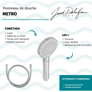 Pommeau de douche 3 jets Metro chrome + flexible anti torsion 175 cm métal chrome