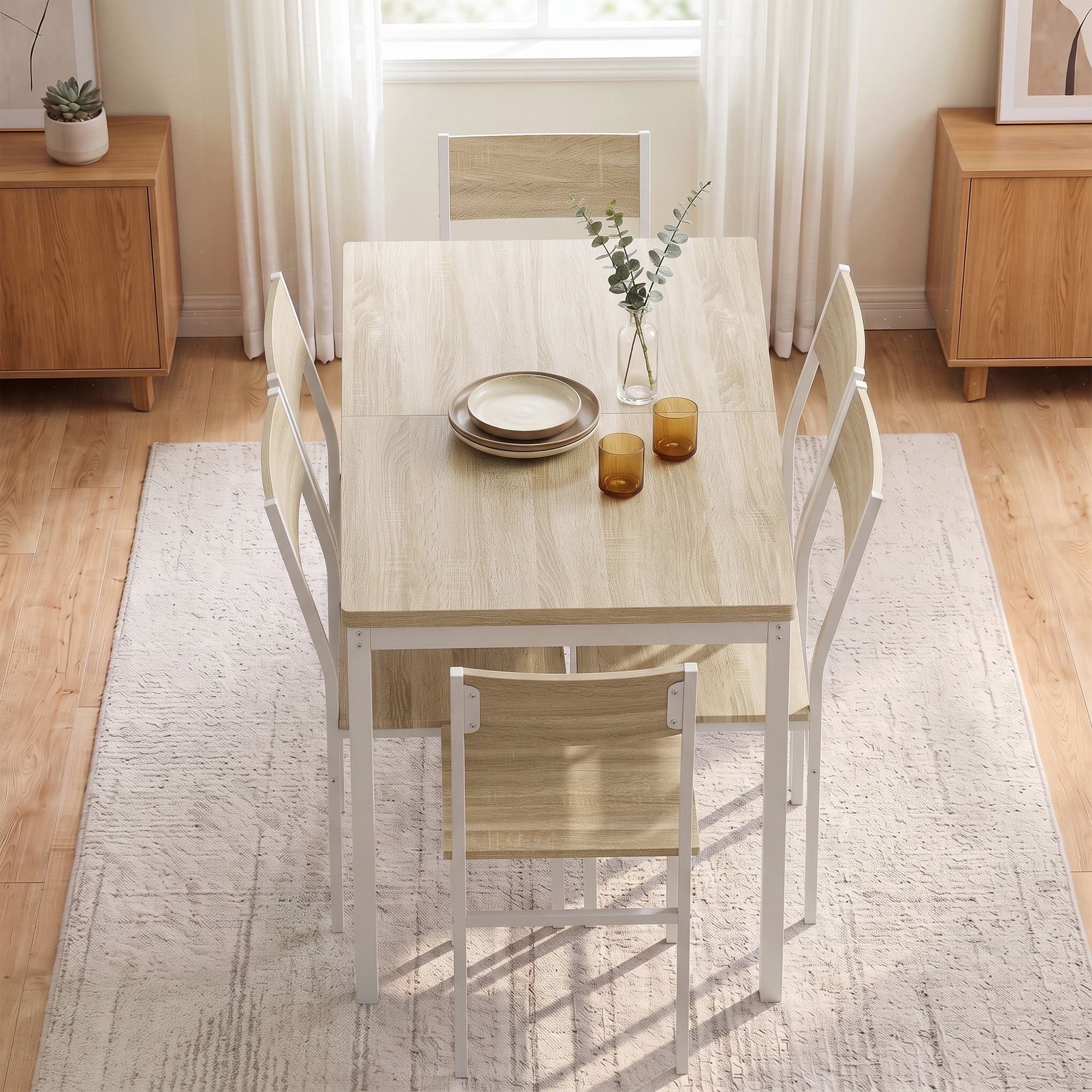 Conjunto de Mesa y 6 Sillas de Comedor de 7 Piezas, Mesa de Cocina Extensible 120-160 cm con 6 Sillas, Ahorro de Espacio, para 4-6 Personas, Marco Metálico, Efecto Roble