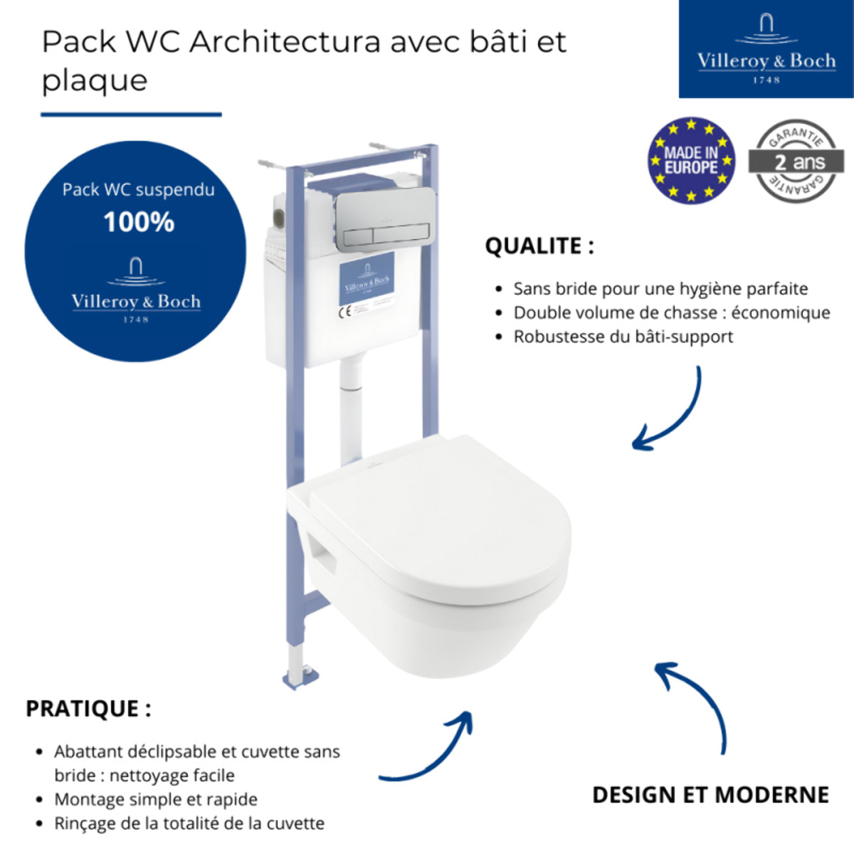 Pack WC sans bride Architectura avec abattant + bâti-support sol et mur Viconnect PRO + plaque chromée mat  + Tabouret bois