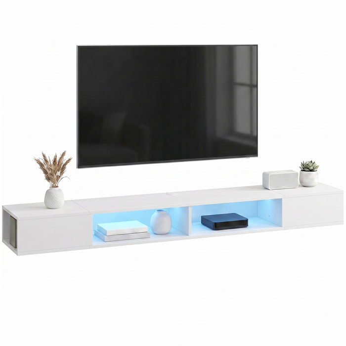 Mueble de TV Suspendido con Luces LED, Mueble de TV para Salón con Estantes Abiertos, Estilo Moderno, para Televisión 75 Pulgadas, 177,8x30x18 cm, Blanco