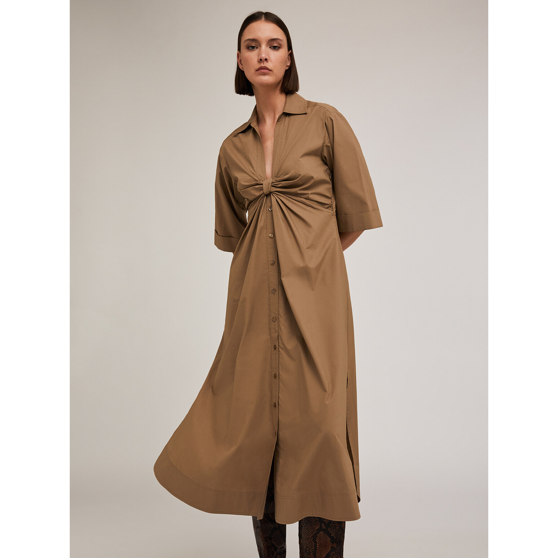 Motivi - Vestido camisero con nudo - Marrón