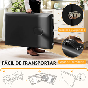 Camilla Masaje Plegable Portátil Camilla Estética Profesional de Madera de 3 Zonas con Altura Ajustable Reposacabezas Reposabrazos Acolchados para Spa Pestañas Tatuajes 215x60x64-89 cm Negro