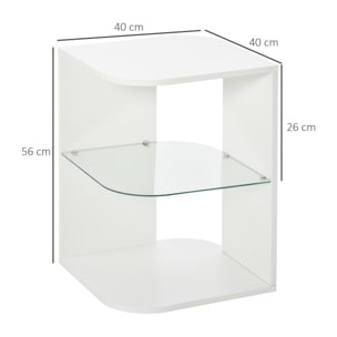 HOMCOM Mesita Auxiliar de Salón Moderna Mesilla de Noche con 3 Estantes Tablero de Cristal Mesita de Café para Sala de Estar Dormitorio 40x40x56 cm Blanco