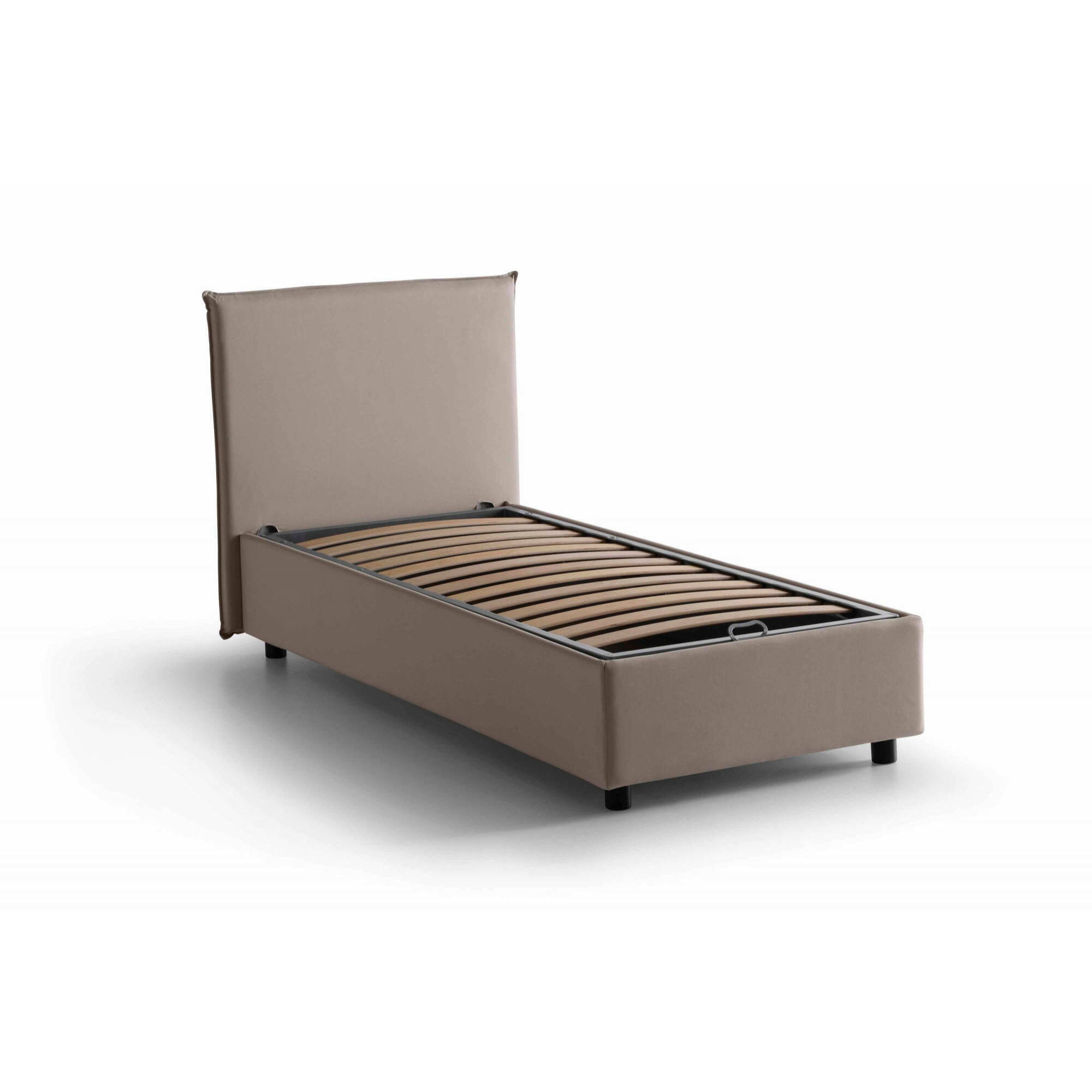Letto singolo Acuila, Letto contenitore con rivestimento in tessuto, 100% Made in Italy, Apertura laterale, adatto per materasso Cm 80x190, Tortora