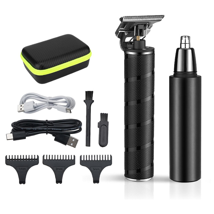 Kit 2 in 1 con rifinitore per capelli e barba + rasoio per peli del naso. Con kit accessori. Batteria ricaricabile.