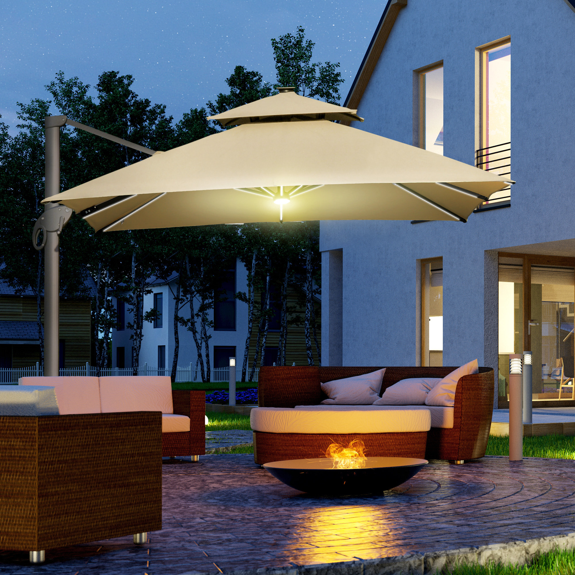 Parasol déporté LED carré double toit inclinable pivotant 360° manivelle piètement acier dim. 3L x 3l x 2,66H m beige