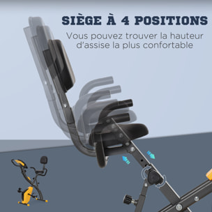 Vélo d'appartement pliant 8 niveaux de résistance magnétique dossier selle réglable poignées ergonomiques écran LCD multifonction suspensions support tablette acier jaune gris