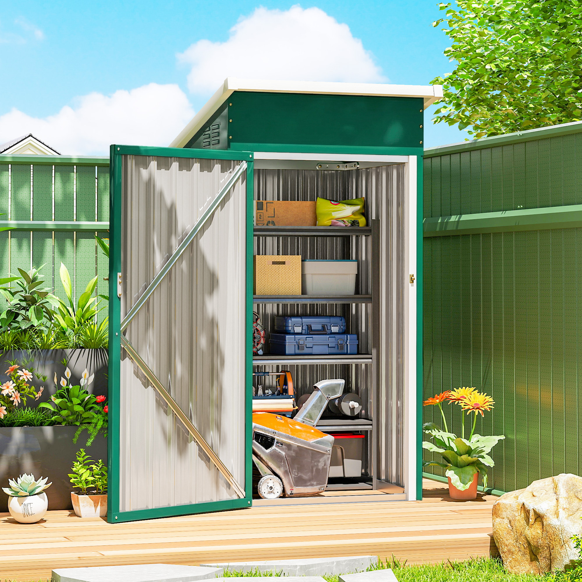 Caseta de Jardín Exterior 0,74 m², 107,5x91x185 cm, Cobertizo de Jardín Exterior Metálico con Techo Inclinado, Puerta con Cerradura y Ventilaciones para Almacenamiento de Herramientas, Verde
