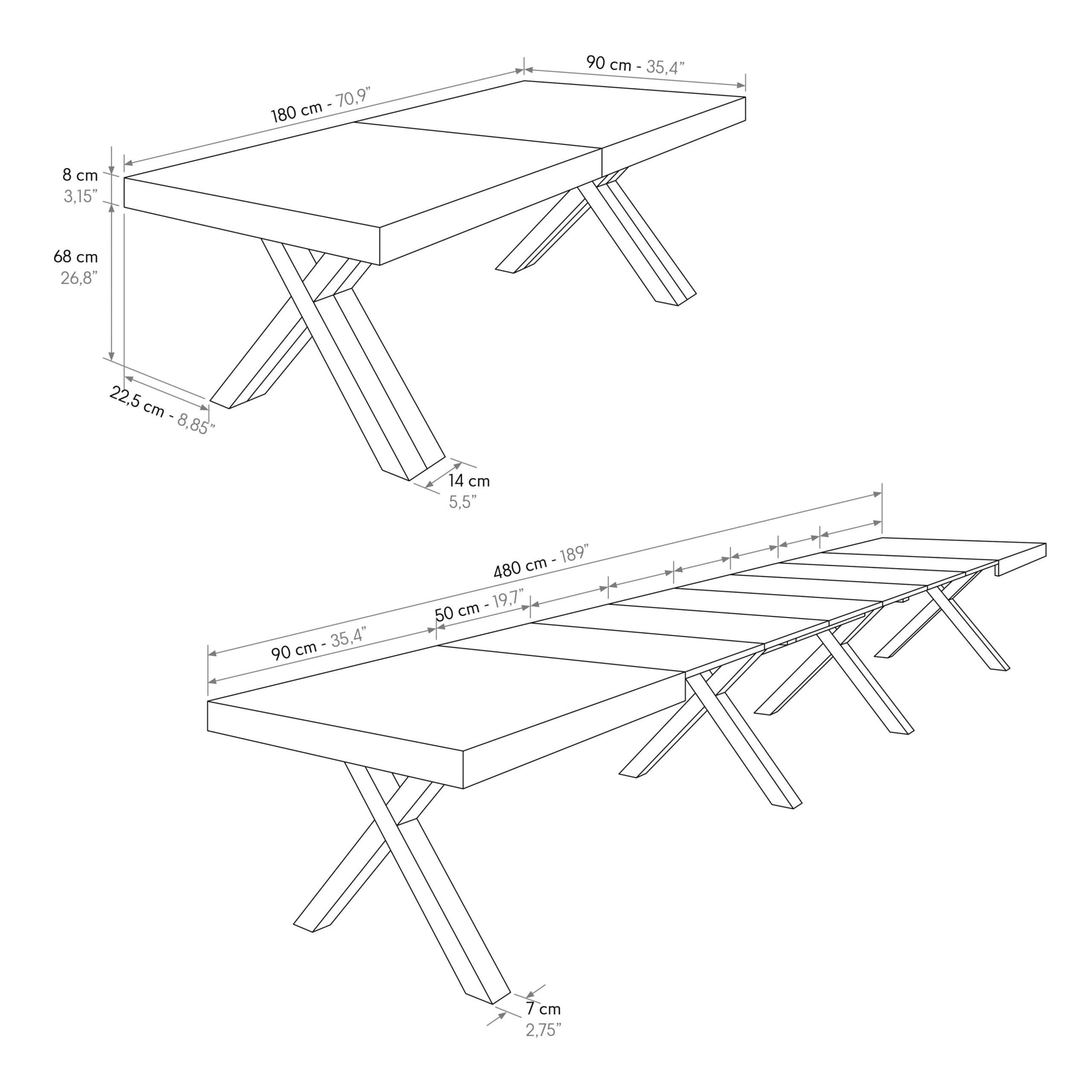 Tavolo GALLIPOLI in legno nobilitato effetto rovere rustico con gambe a X in legno bianco, allungabile 180×90 cm – 480×90 cm