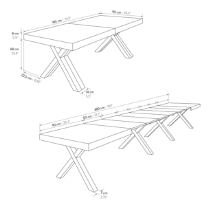 Tavolo GALLIPOLI in legno nobilitato effetto rovere rustico con gambe a X in legno bianco, allungabile 180×90 cm – 480×90 cm