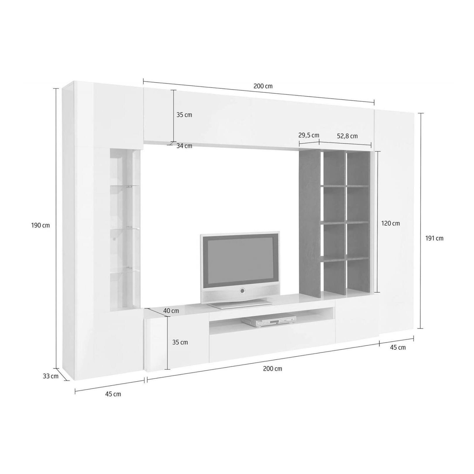 Parete attrezzata Andy, Set salotto porta TV, Mobile soggiorno multiuso con luce LED, 100% Made in Italy, cm 290x40h192, Bianco lucido e Ardesia