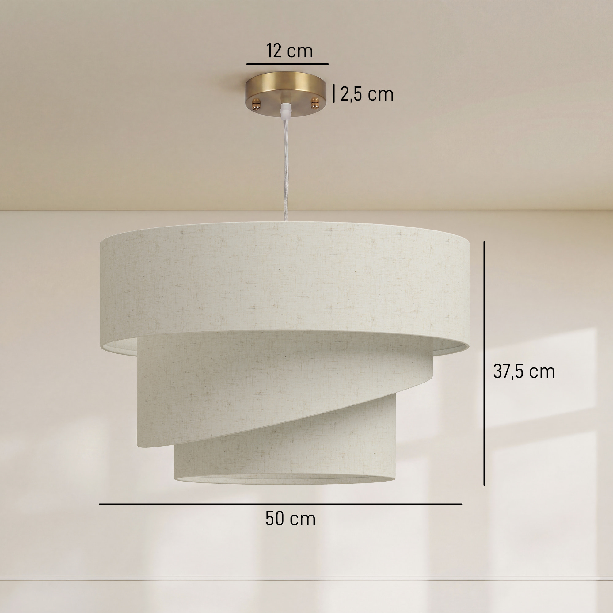 Suspension salon beige clair - abat-jour triple - support doré