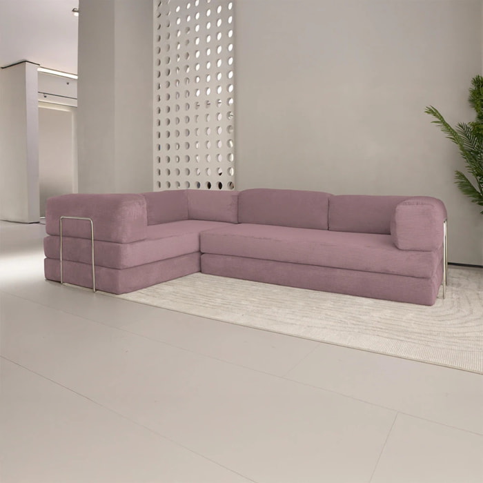 TRENDY - Canapé compressé 5 places angle modulable en velours côtelé rose