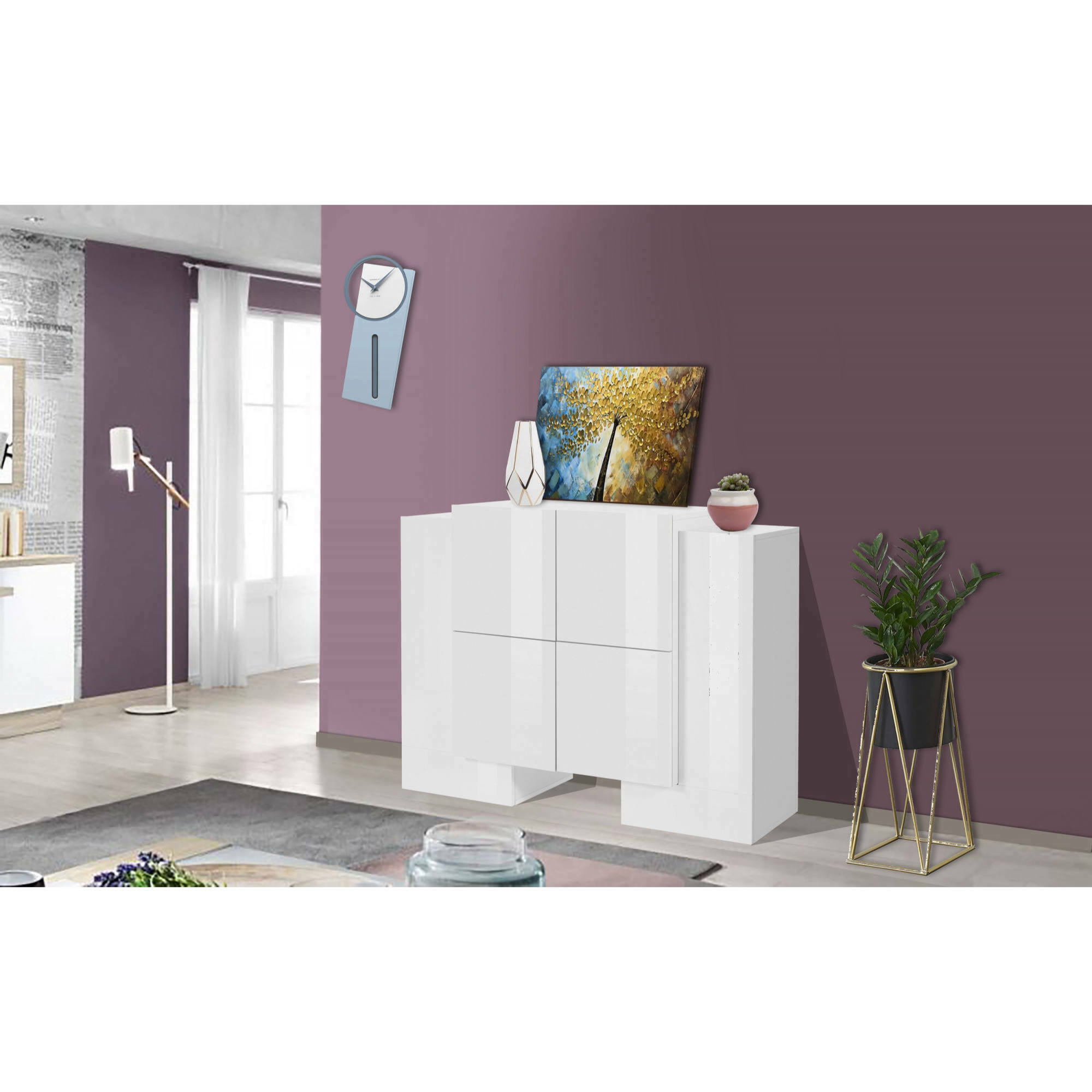 Credenza moderna di design a 6 antine battenti, Made in Italy, Buffet da cucina, Madia con scaffali da cucina, cm 130x45h100, colore Bianco lucido