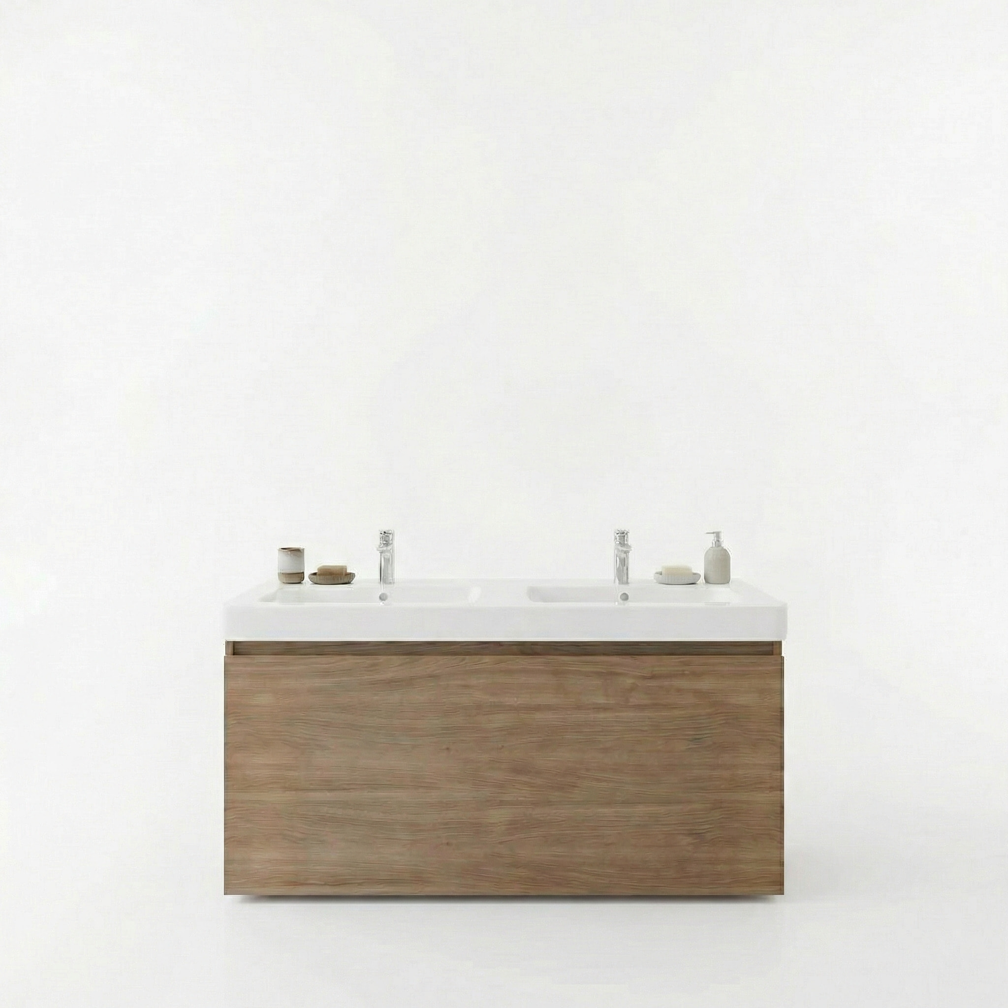 Lavabo double Pavia en marbre coulé blanc 120×49×5 cm – 2 trous pour la robinetterie, avec trop-plein (PA12049)