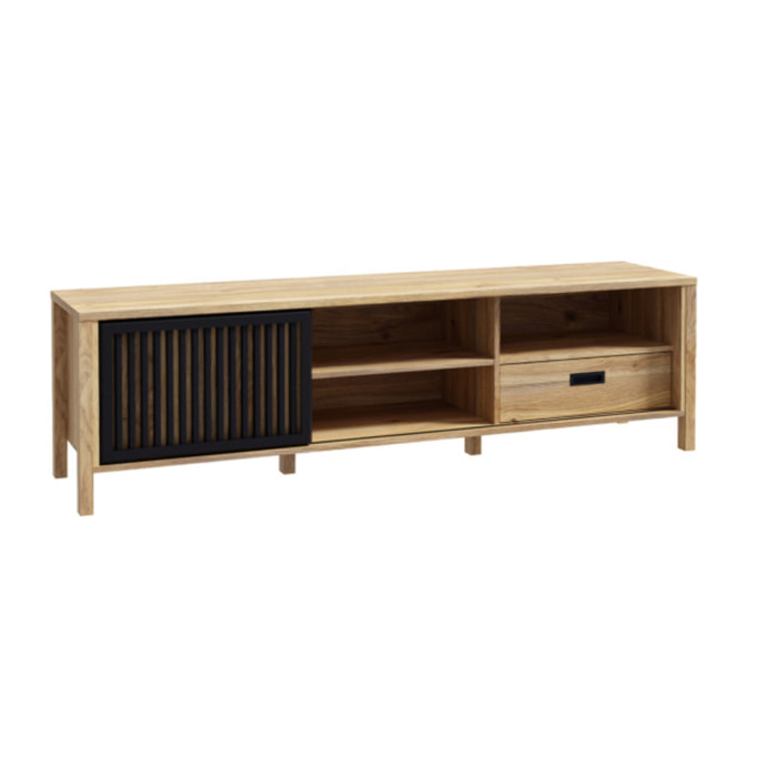 Meuble TV L175 cm 4 niches 1 tiroir décor bois chêne et noir - BOSTON