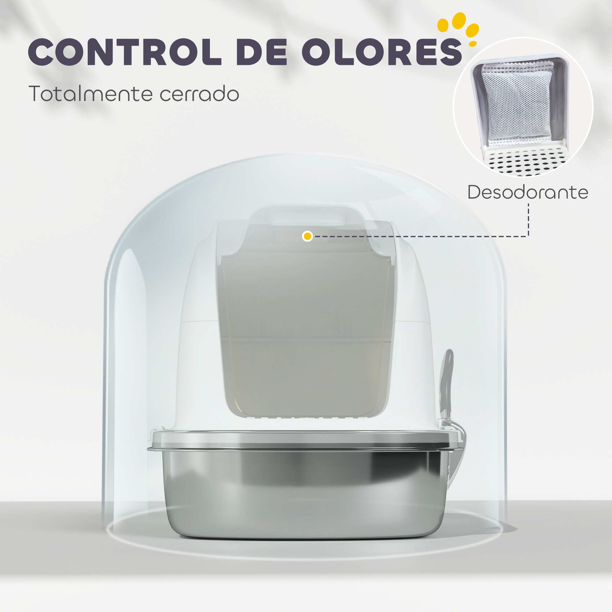 Arenero para Gatos de Acero Inoxidable XL, Caja de Arena para Gatos, Arenero con Tapa Abatible, Laterales Altos, Entrada Superior, Pala, sin Olores, Fácil de Limpiar, Antifugas, Blanco