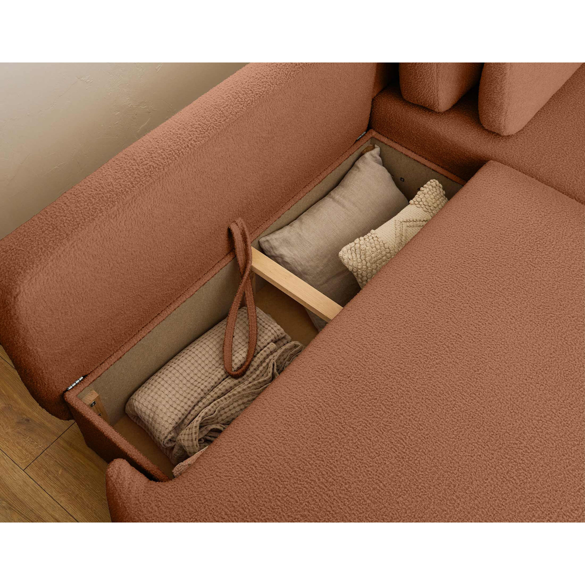 Mahina - canapé d'angle droit - 4 places - convertible avec coffre - en tissu bouclette - Rouille