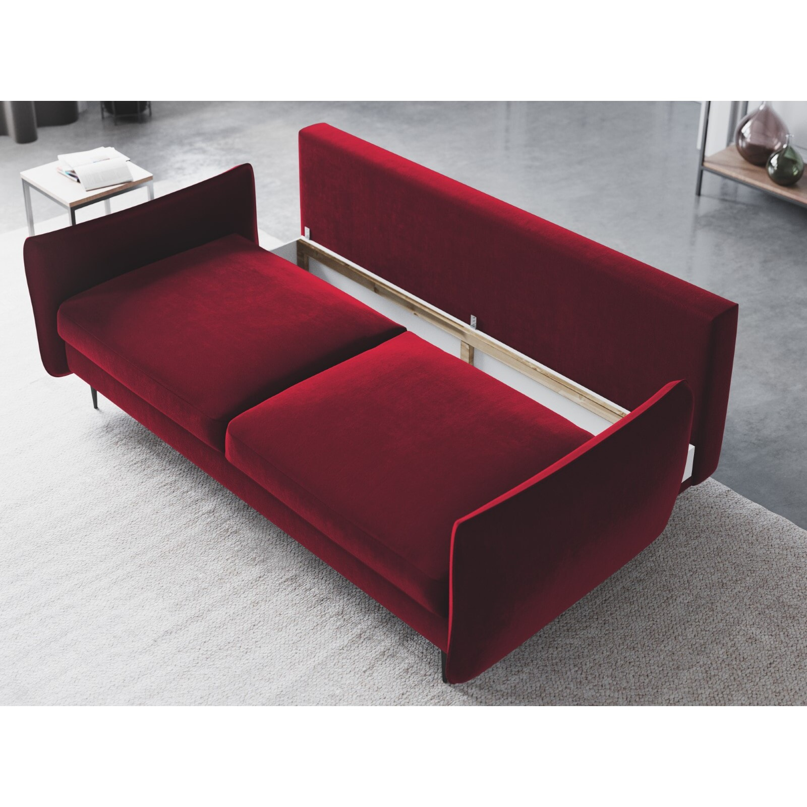 Canapé convertible avec coffre de rangement "Vermont" 3 places en velours rouge