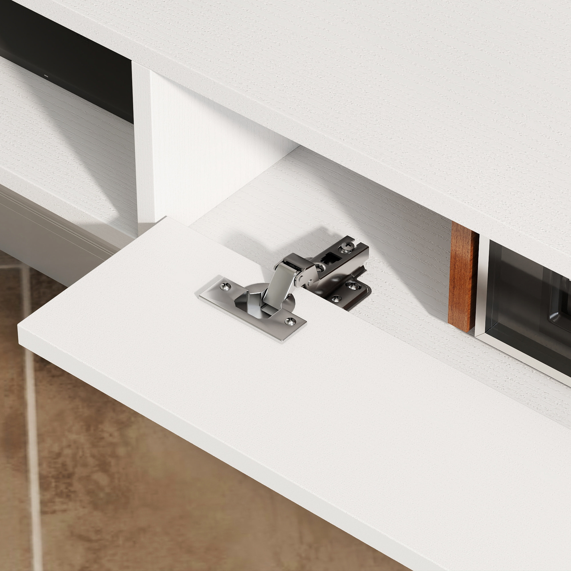 Meuble TV suspendu 140cm - porte, 2 niches, espace routeur, passe-fils - effet bois blanc