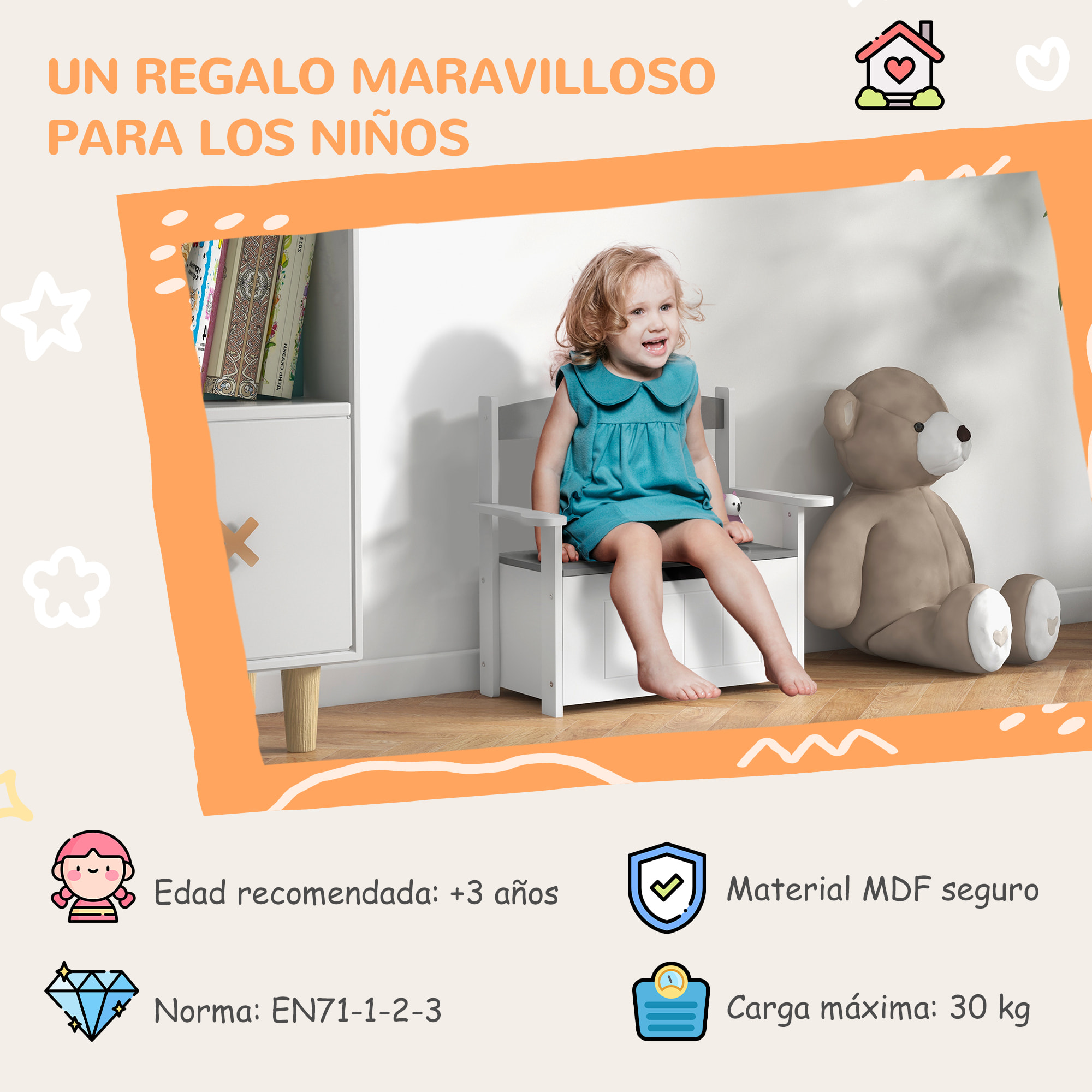 Baúl para Juguetes Infantil, Banco Almacenaje para Niños, con Respaldo y Tapa Amortiguadora, Carga 30 kg, para Salas de Juego, Dormitorio, 68,5x34x58 cm, Gris y Blanco