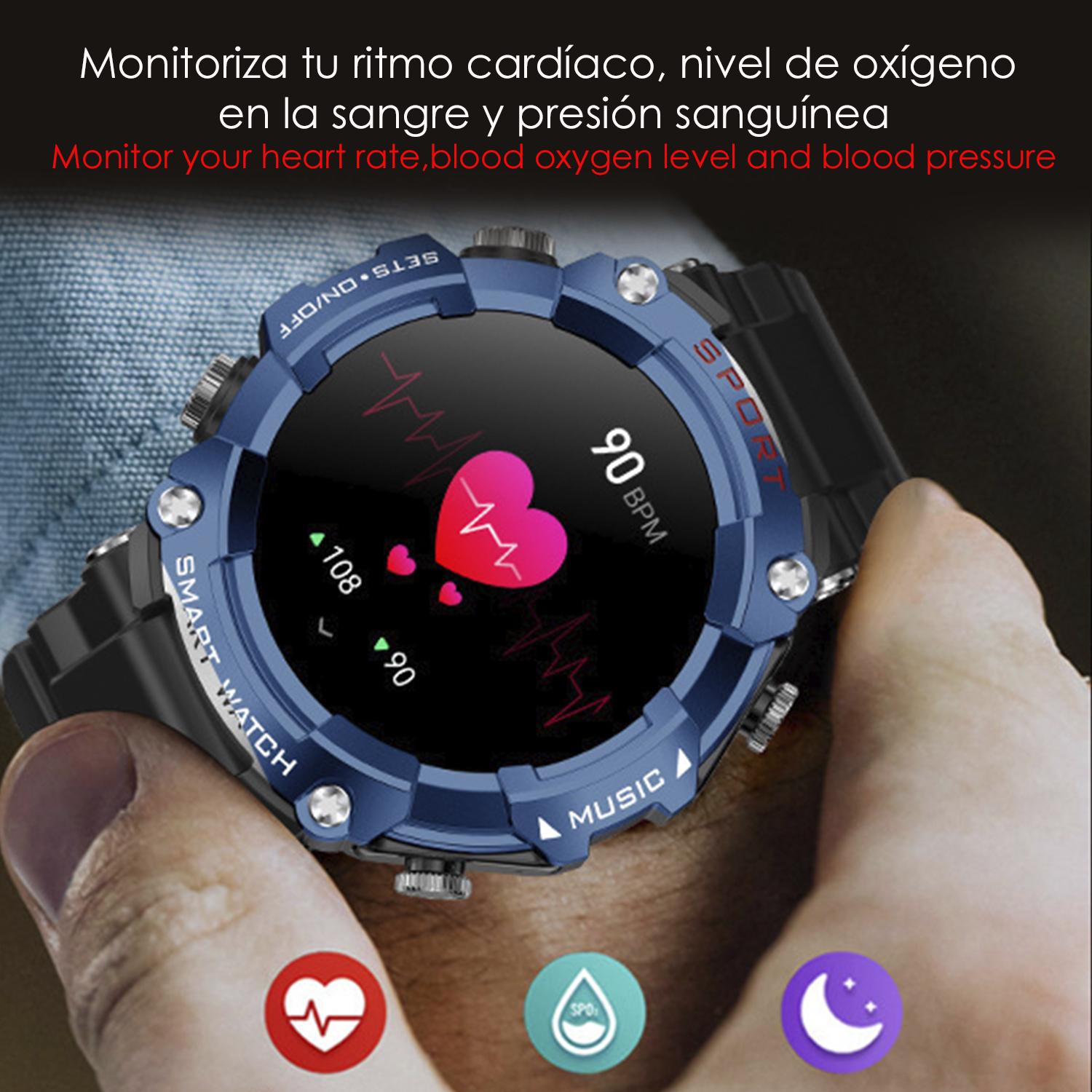 DAM Smartwatch T96 con auriculares TWS intergados. Reproducción musical del propio smartwatch y externa. Funciones deportivas y salud. 5,3x1,6x5,3 Cm. Color: Azul Oscuro