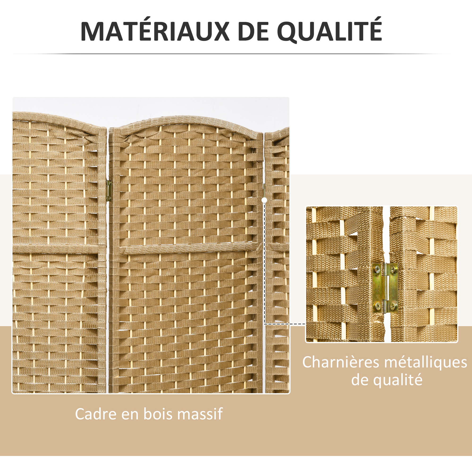 Paravent intérieur pliable 6 panneaux 240 x 170 cm - séparateur de pièce finition tressée - PP  bois pin naturel