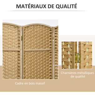 Paravent intérieur pliable 6 panneaux 240 x 170 cm - séparateur de pièce finition tressée - PP  bois pin naturel