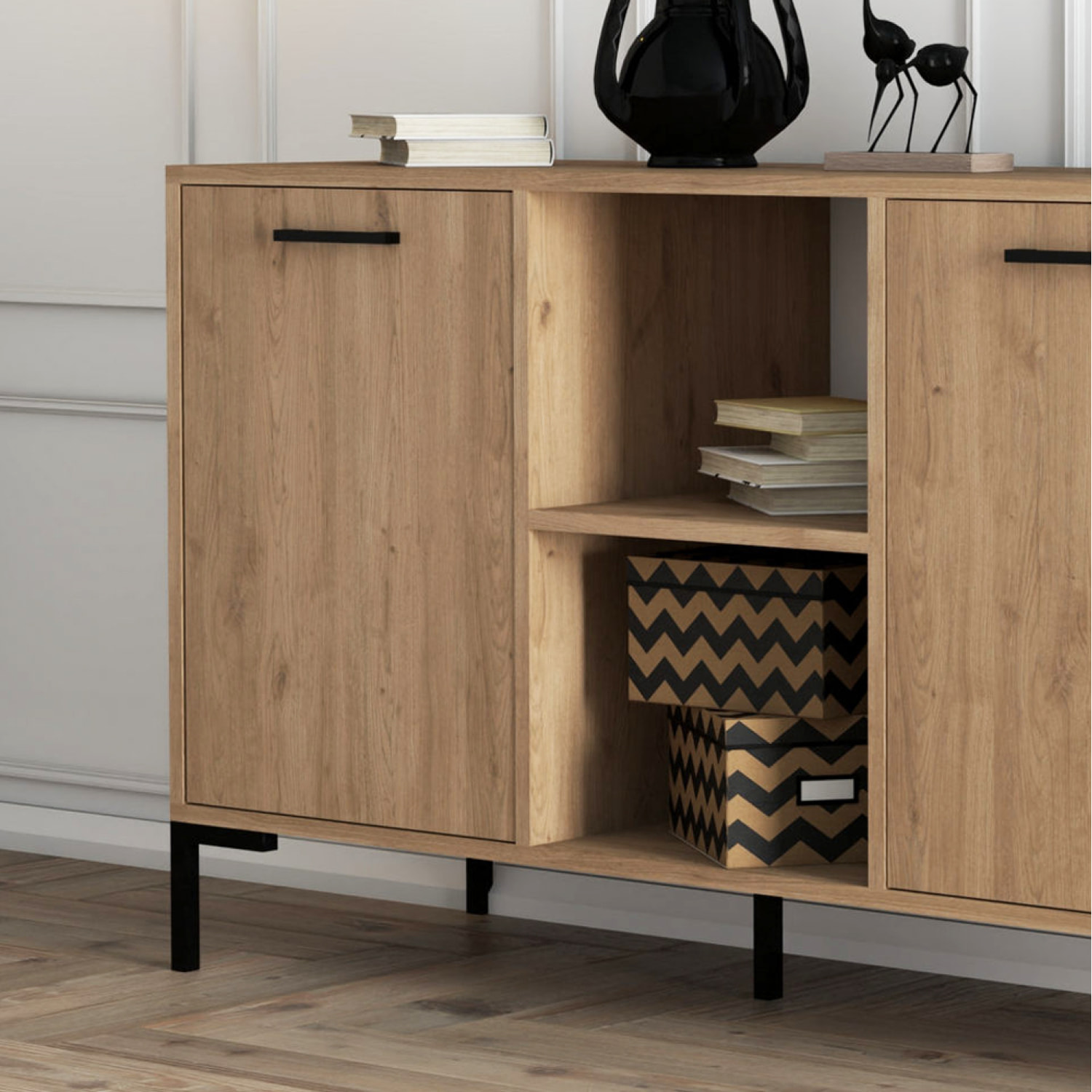 SPRING Buffet 3 portes et 2 niches finition bois et métal noir 180x80cm