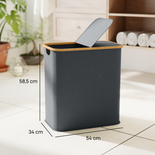 Panier à linge double pliable 80L - corbeille à linge sale avec couvercle et poignées - bambou non tissé gris