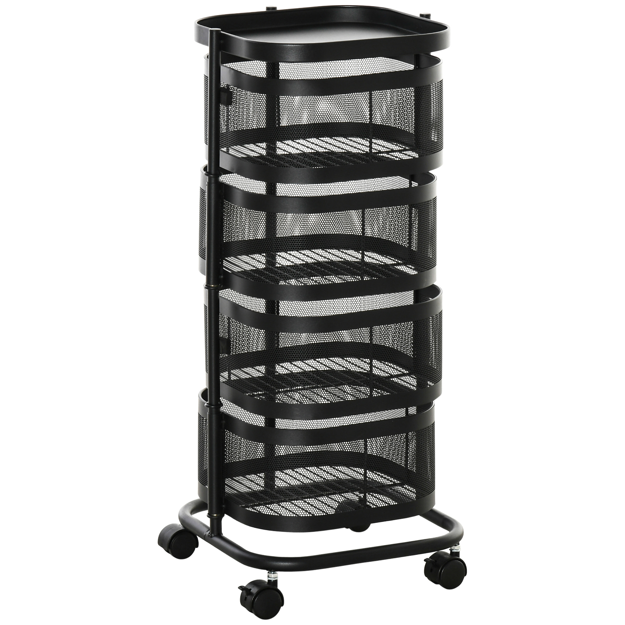 Carrito Auxiliar con Ruedas de 5 Niveles, Carrito de Cocina con 4 Cestas de Almacenamiento Giratorias 270° y Bandeja Superior, para Frutas, Verduras, Utensilios, 33x33x77 cm, Negro