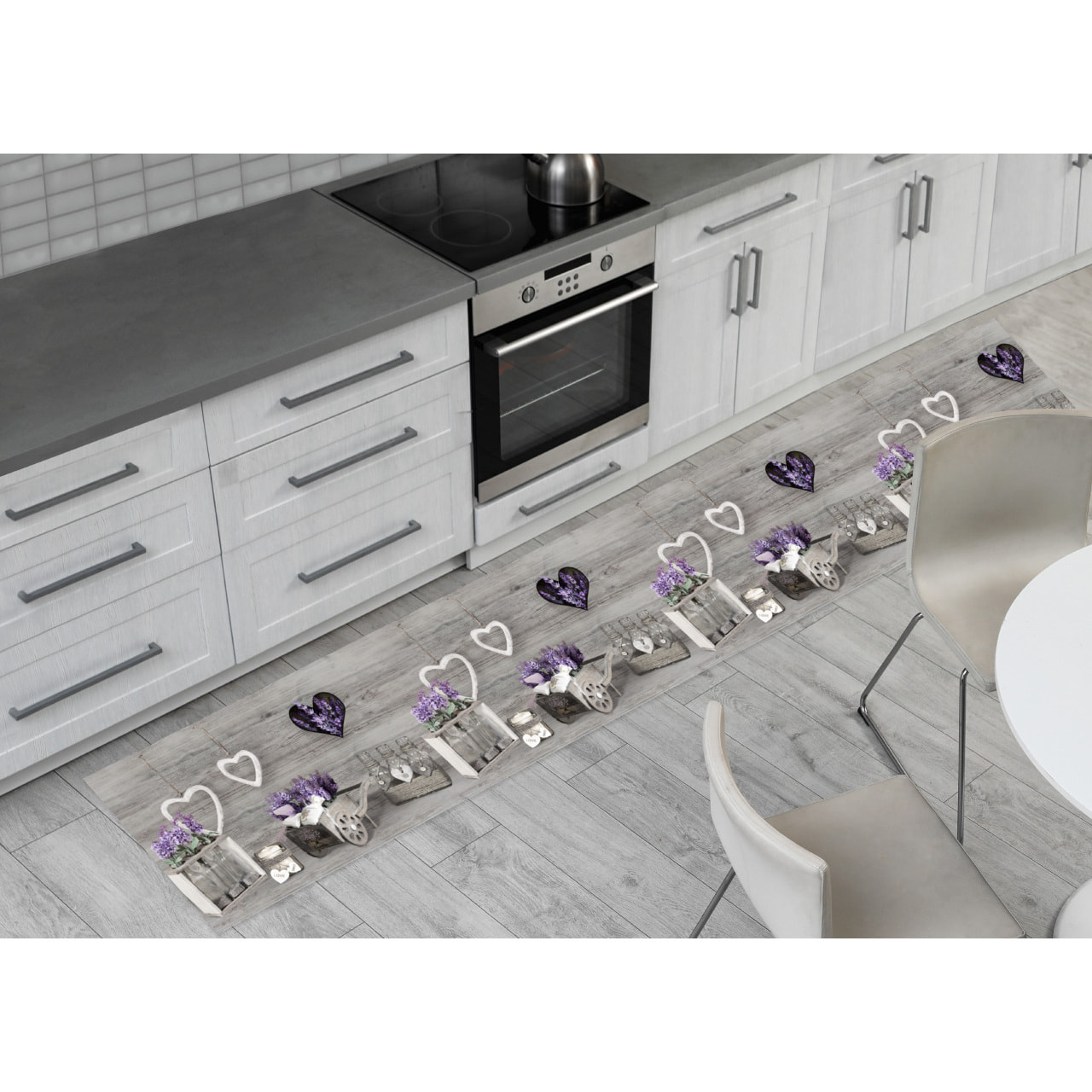 Tappeto Passatoia Cucina Antiscivolo Lavanda Cuor Carretto Grigio