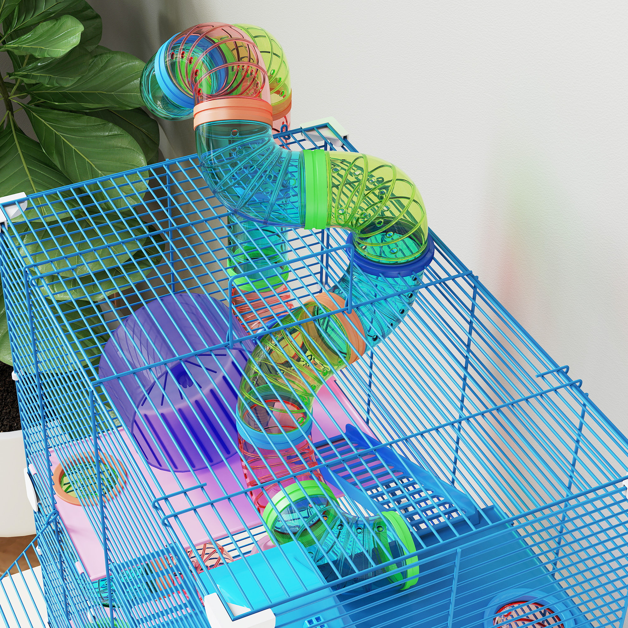Cage pour hamster souris rongeur 4 étages avec tunnels mangeoire roue maison échelles dim. 46L x 30l x 58H cm bleu