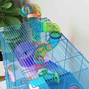 Cage pour hamster souris rongeur 4 étages avec tunnels mangeoire roue maison échelles dim. 46L x 30l x 58H cm bleu