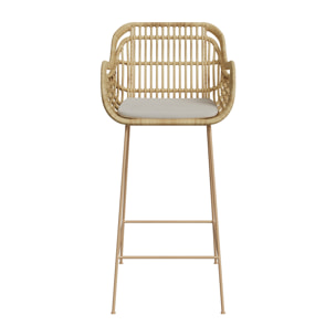 Chaise de bar en rotin, coussin en tissu et pieds en métal beige 71 cm - Chiloé